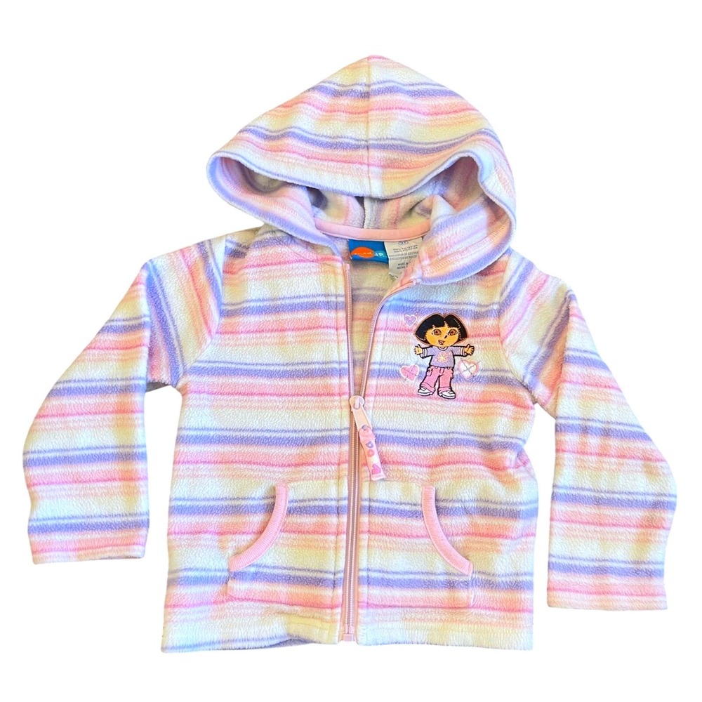 VTG Youth 3T Dora the Explorer Fleece Jacket Long Sleeve Nick Jr Stripes Pink